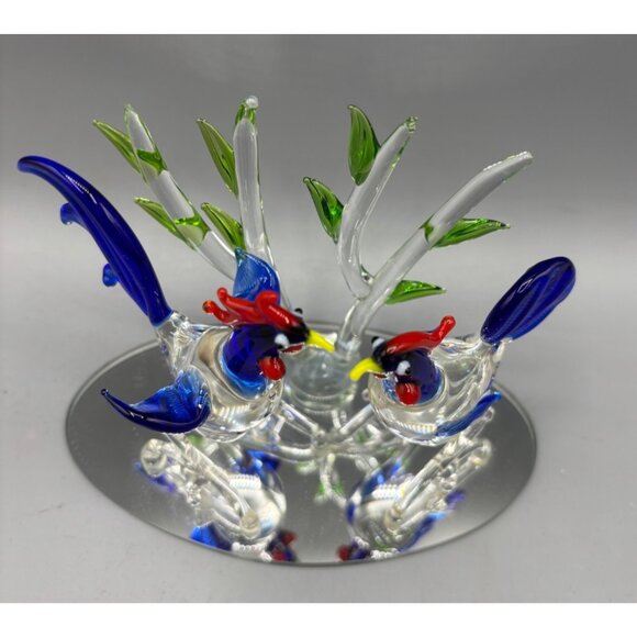 Hand Blown Glass Rooster Figurines Mirror Base Colorful Display‎ - Picture 2 of 9